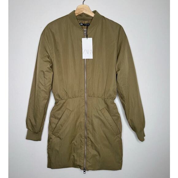 Zara NWT Bomber Mini Dress Synched Waist Olive Green Size Small - Picture 3 of 7